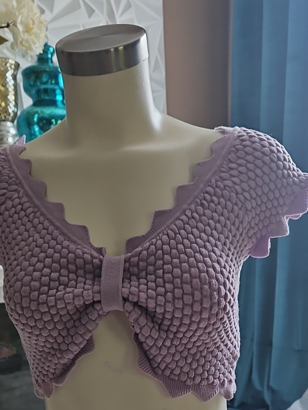 Blue Blush Lavender Textured Crop Top with Front Bow